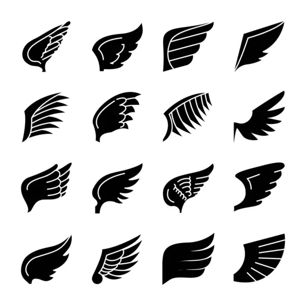 Ícone conjunto de asas e asas de pássaros, estilo silhueta — Vetor de Stock