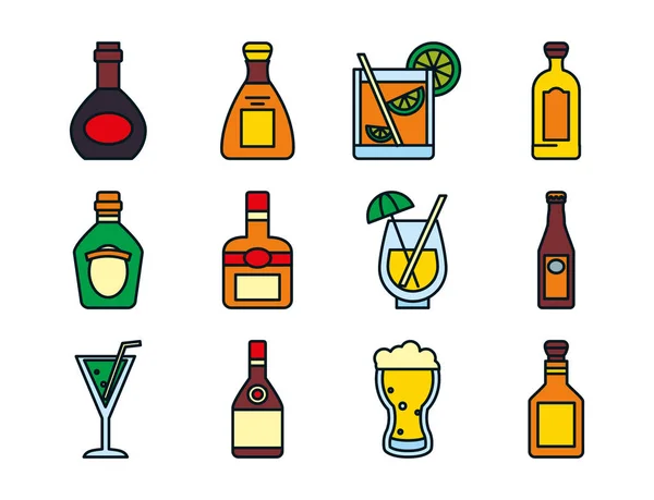 Verre à bière et liqueurs icône ensemble, ligne et style de remplissage — Image vectorielle