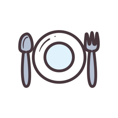 Kaşık ve çatal çizgili tabak ve biçim ikonu vektör tasarımını doldur