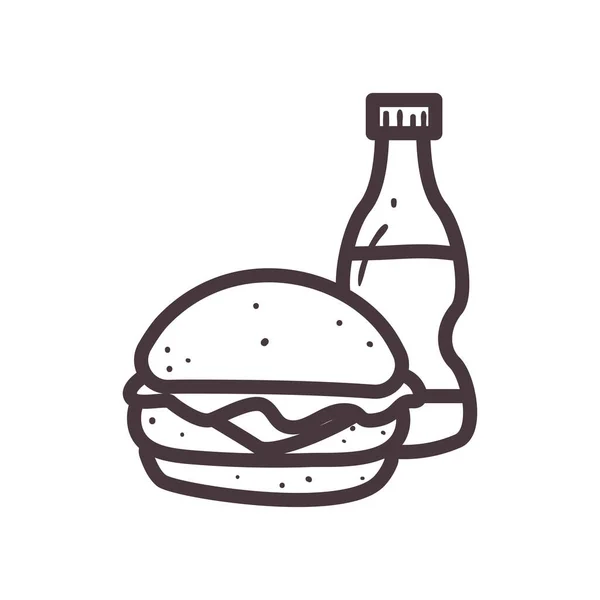 Hamburger with soda bottle line style icon vector design — Stock Vector