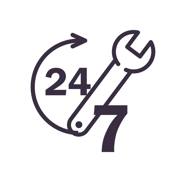 24 7 met pijl en moersleutel lijn stijl pictogram vector ontwerp — Stockvector