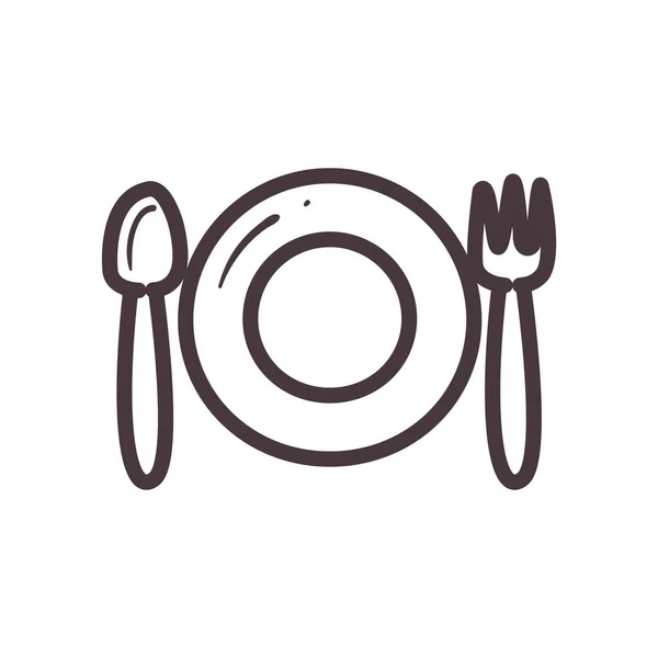 Plaque avec cuillère et fourchette design vectoriel icône de style ligne — Image vectorielle