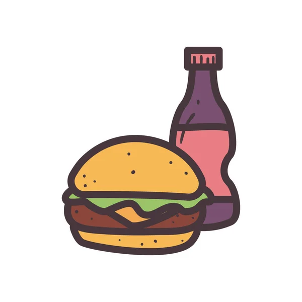 सोडा बोतल लाइन के साथ हैम्बर्गर और शैली प्रतीक वेक्टर डिजाइन भरें — स्टॉक वेक्टर