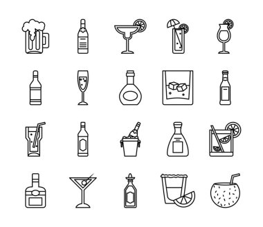 içki şişeleri ve kokteyl ikonu seti, sıra tarzı