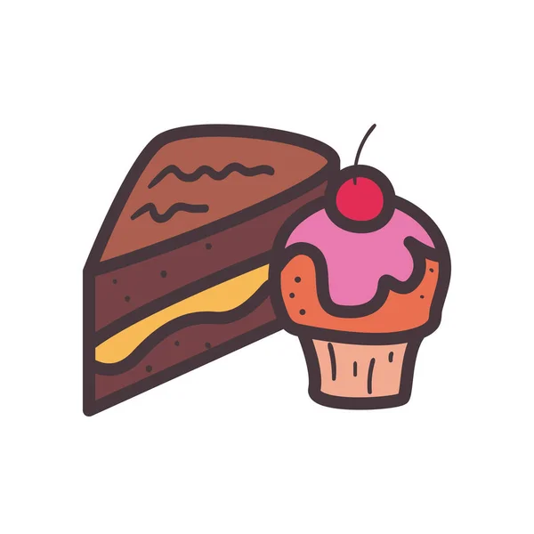 Linha de bolo doce e cupcake e design de vetor ícone de estilo de preenchimento — Vetor de Stock