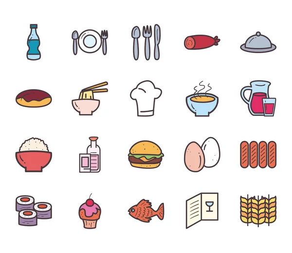 Línea de alimentos e iconos de estilo de relleno paquete vector diseño — Archivo Imágenes Vectoriales