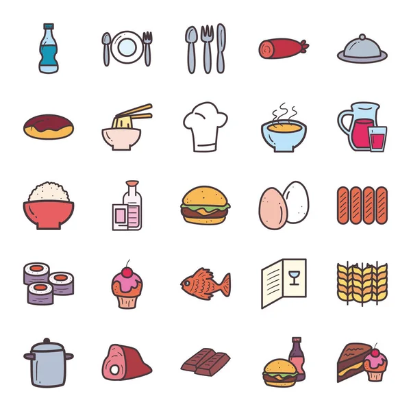 Línea de alimentos y símbolos de estilo de relleno conjunto de diseño vectorial — Archivo Imágenes Vectoriales