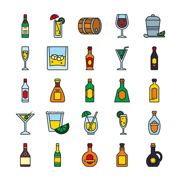 Cócteles bebidas y licores icono conjunto, línea y estilo de relleno — Vector de stock