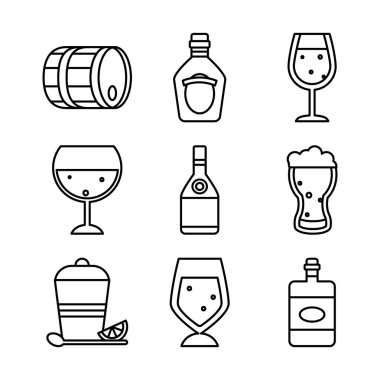 Fıçı ve likör şişeleri simgesi seti, sıra tarzı