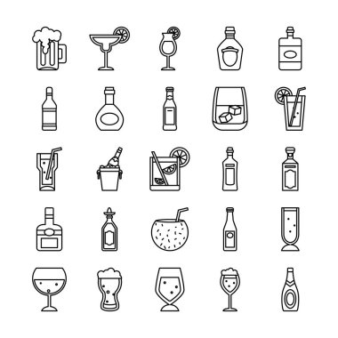 Tropikal kokteyller ve içki şişeleri ikonu seti, sıra tarzı