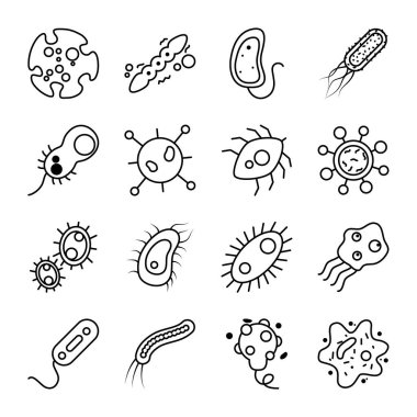 Echherichia coli ve bakteri şekillerinin ikon kümesi, çizgi biçimi