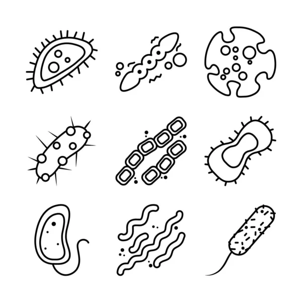 Icono conjunto de bacterias y bacterias del ébola formas, estilo de línea — Vector de stock