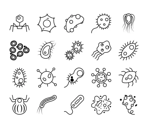 Icono conjunto de virus y bacterias formas, estilo de línea — Vector de stock