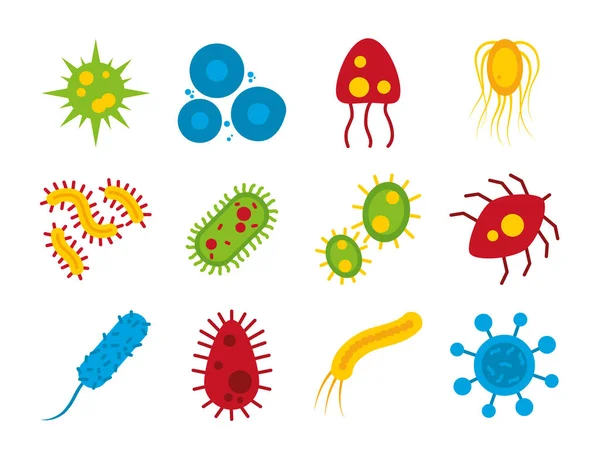 Baktériumok ikon készlet, lapos stílus — Stock Vector