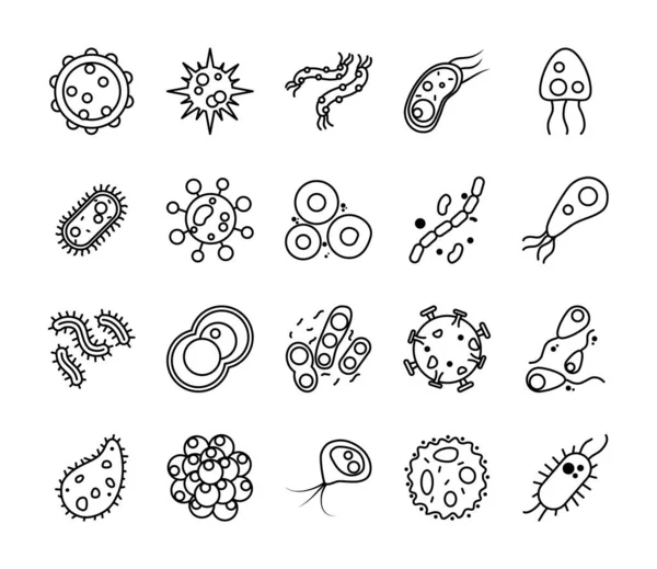 Coronavirus y bacterias formas icono conjunto, estilo de línea — Vector de stock