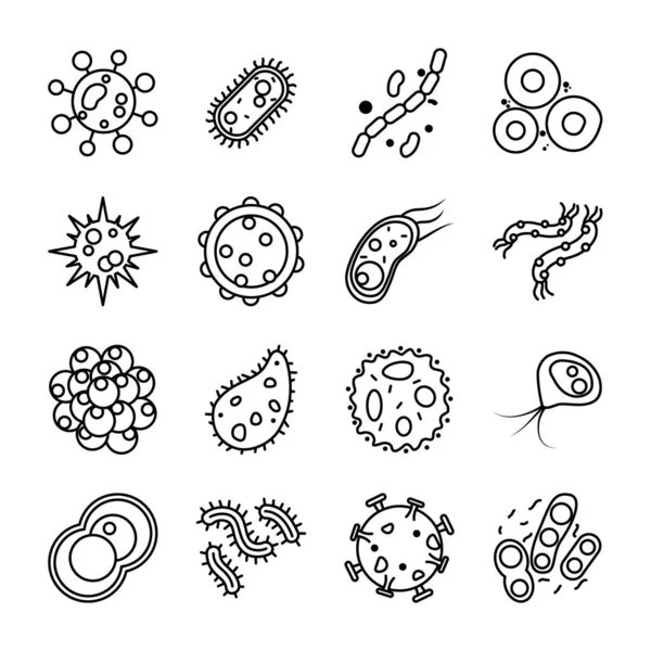 Бактерии и вирусные формы иконки, стиль линии — стоковый вектор