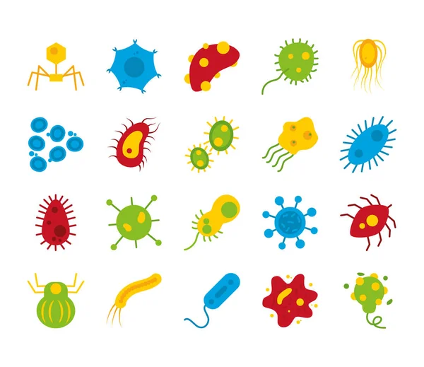 Icono conjunto de virus y bacterias formas, estilo plano — Vector de stock