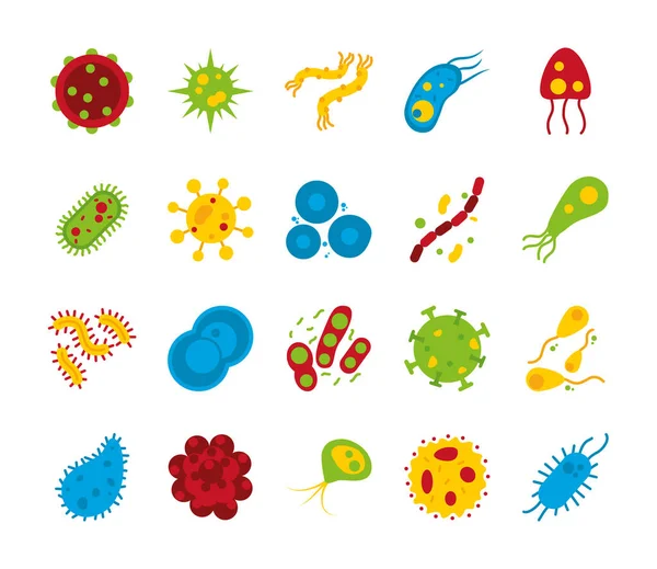 Set di icone a forma di coronavirus e batteri, stile piatto — Vettoriale Stock