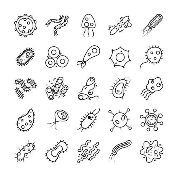 Icône ensemble de formes de coronavirus et de bactéries, style ligne — Image vectorielle