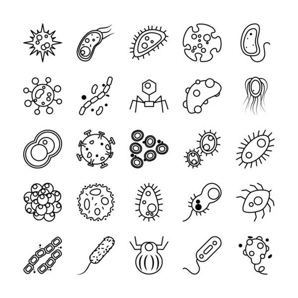 Ensemble d'icônes de formes d'ebola et de bactéries, style ligne — Image vectorielle