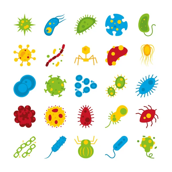 Ébola y bacterias formas icono conjunto, estilo plano — Vector de stock