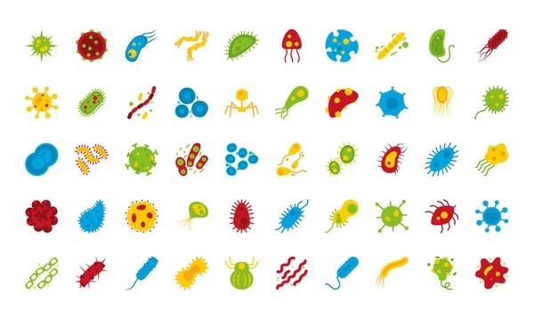 Bacterias y virus formas icono conjunto, estilo plano — Vector de stock