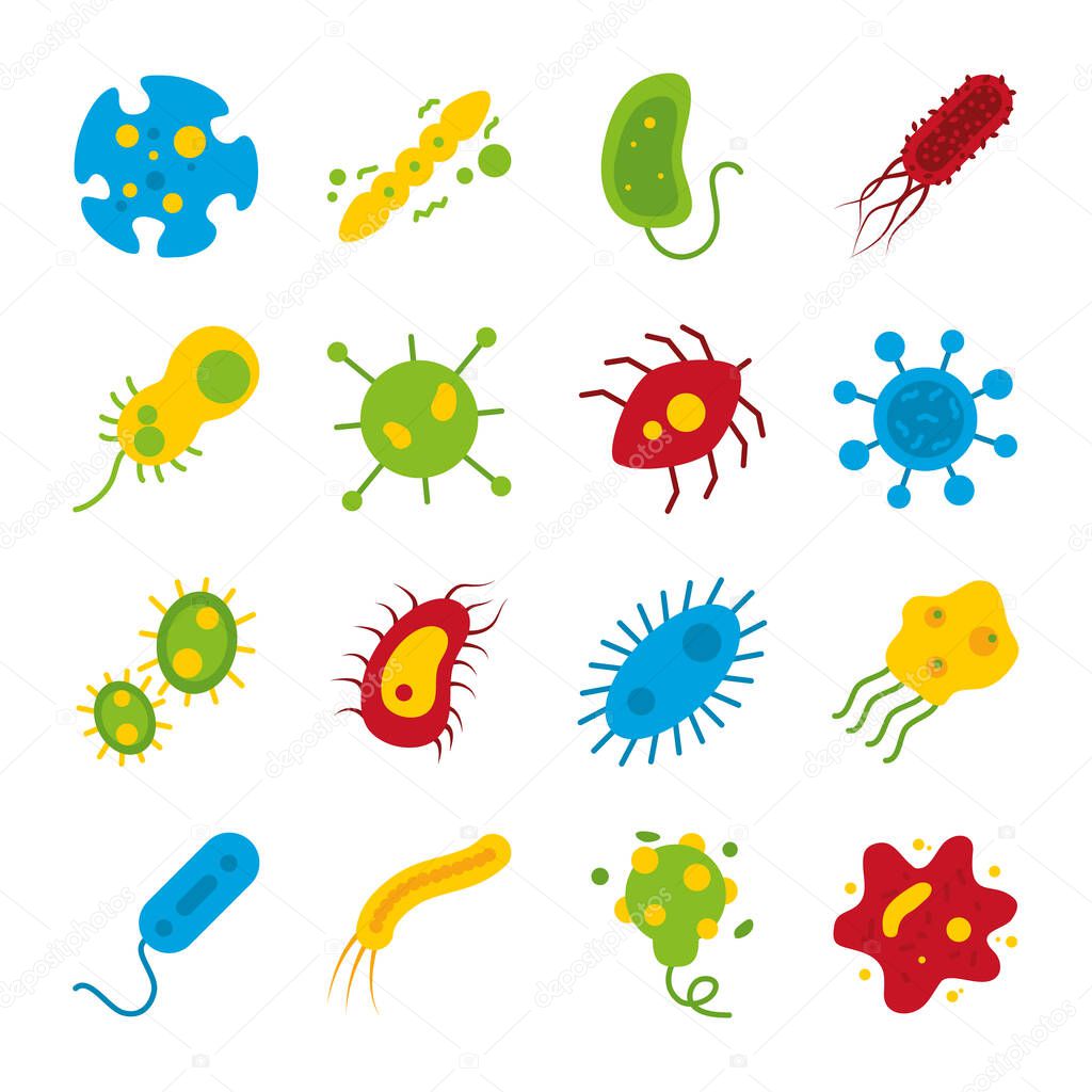 icon set of echerichia coli and bacterias shapes, flat style