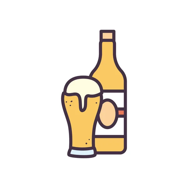 Ligne de verre de bière et bouteille et design vectoriel icône de style de remplissage — Image vectorielle