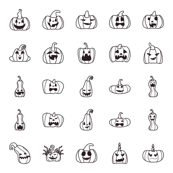 Calabazas dibujos animados forma libre línea estilo símbolos conjunto vector diseño — Vector de stock