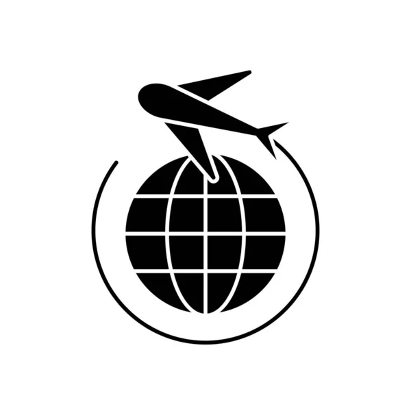 Sphère globale avec icône de flèche d'avion, style silhouette — Image vectorielle