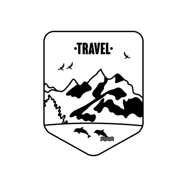 Emblemas de viagem com lago e montanhas nevadas, estilo silhueta —  Vetores de Stock