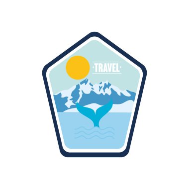 seyahat rozeti balina havzası ve karlı dağlar, düz stil