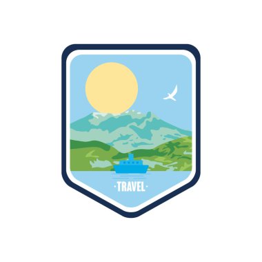 Dağlı ve güneşli seyahat rozeti, düz stil.