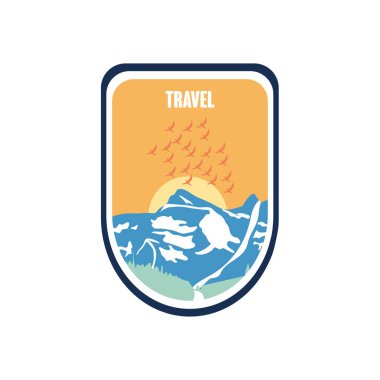 Kuşlarla ve karlı dağlarla dolu düz bir amblem.