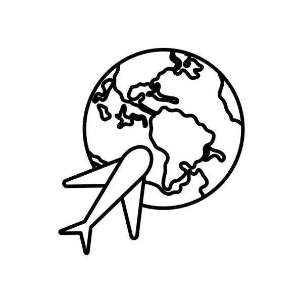 Икона планеты Земля и самолет, стиль линии — стоковый вектор
