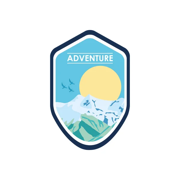 Adventure badge insignia with snowy mountains and sun, flat style — Stock Vector