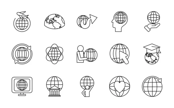 Ensemble d'icônes ordinateur et sphère globale, style ligne — Image vectorielle
