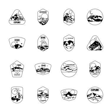 dağlar ve kaşif rozetleri simge seti, siluet biçimi