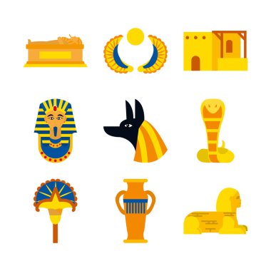 Anubis tanrısı ve Mısır sembollerinin simge seti, düz stil