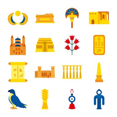 Mısır çiçek ve sembollerinden oluşan bir simge kümesi, düz biçim