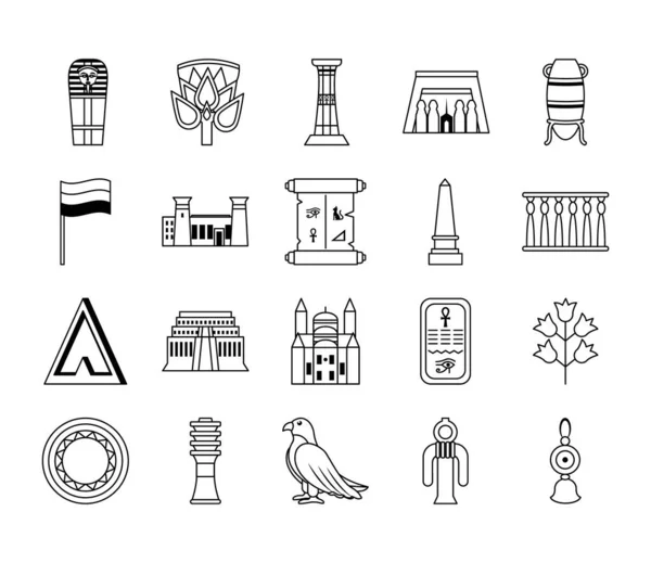 Icon set of egypt symbols and buildings, line style — Stock Vector