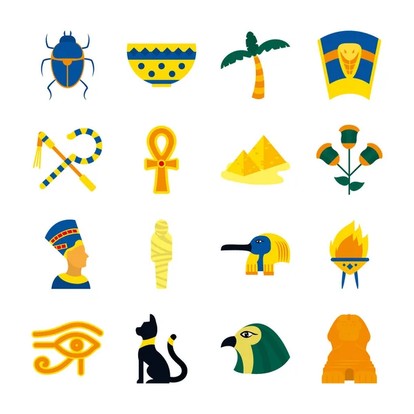 Tropical palm and egypt icon set, flat style — Stock Vector