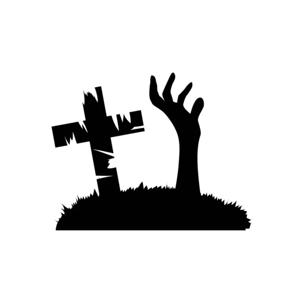 Halloween cross grave and hand out of ground, silhouette style - Stok Vektor