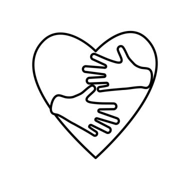 Eller bir kalbe sarılıyor, çizgi tarzı.