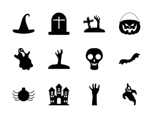 Ensemble d'icônes crâne et halloween, style silhouette — Image vectorielle