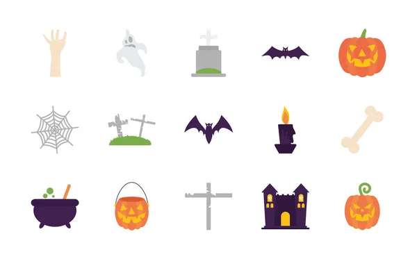 Symbol-Set von Fledermäusen und Halloween, flacher Stil — Stockvektor