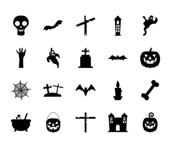Ikonen-Set von Gräbern und Halloween, Silhouetten-Stil — Stockvektor