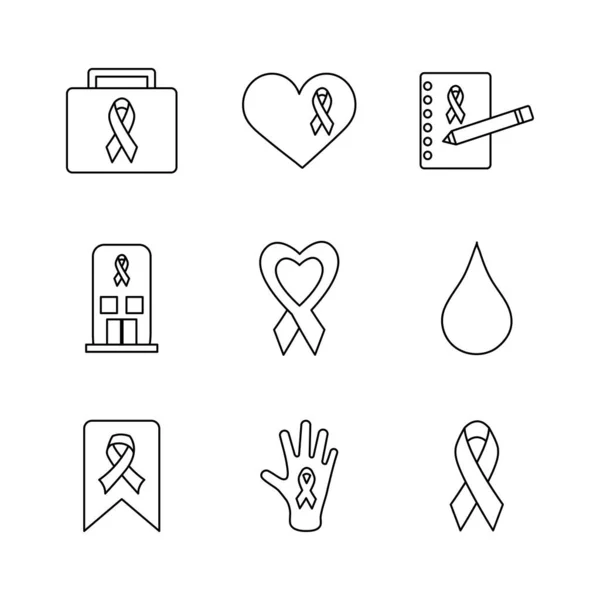 Conjunto de ícone de mãos e câncer de mama, estilo de linha —  Vetores de Stock