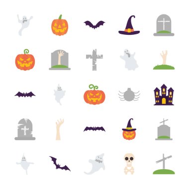 Mezarlar ve cadılar bayramı simgesi seti, düz stil