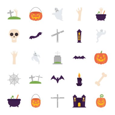 Örümcek ağı ve cadılar bayramı ikonu seti, düz stil